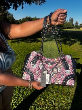Ed Hardy Pink and Black Graphic Shoulder Bag with Chain Straps